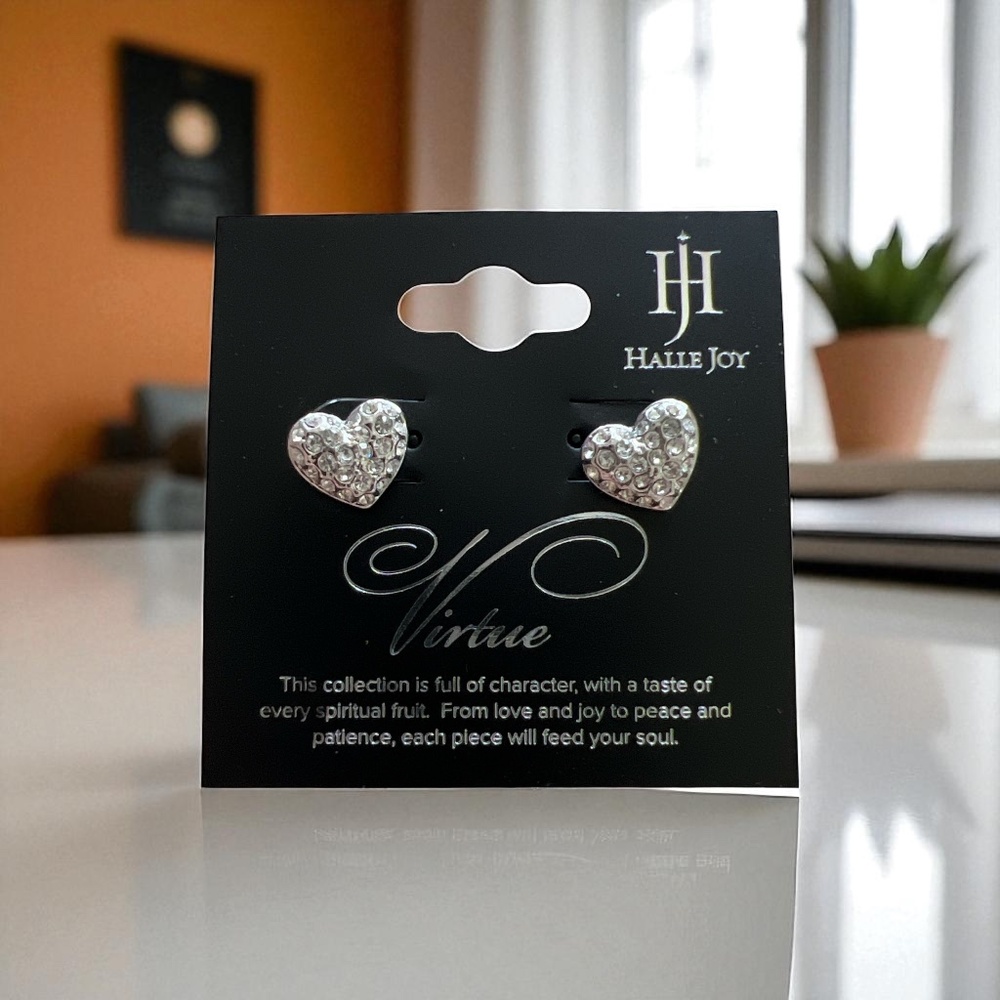 Halle Joy silver rhinestone virtue heart stud earrings